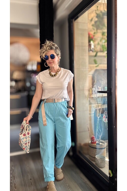 Betty İtalyan Balon Kemerli Pantolon Bebe Mavi
