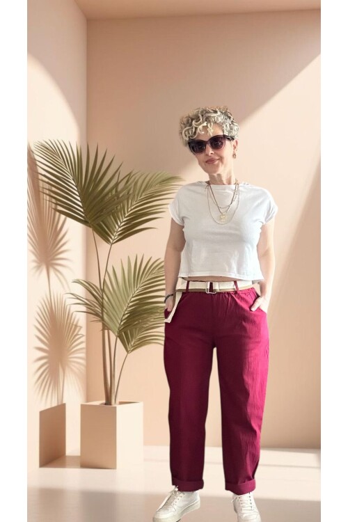 Betty İtalyan Balon Kemerli Pantolon İndian Red