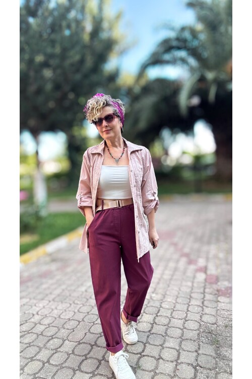 Betty İtalyan Balon Kemerli Pantolon Mürdüm