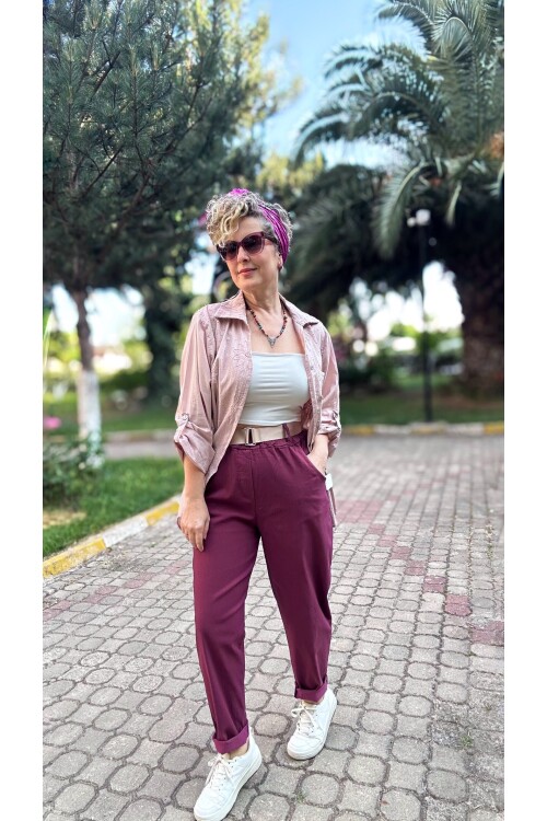 Betty İtalyan Balon Kemerli Pantolon Mürdüm
