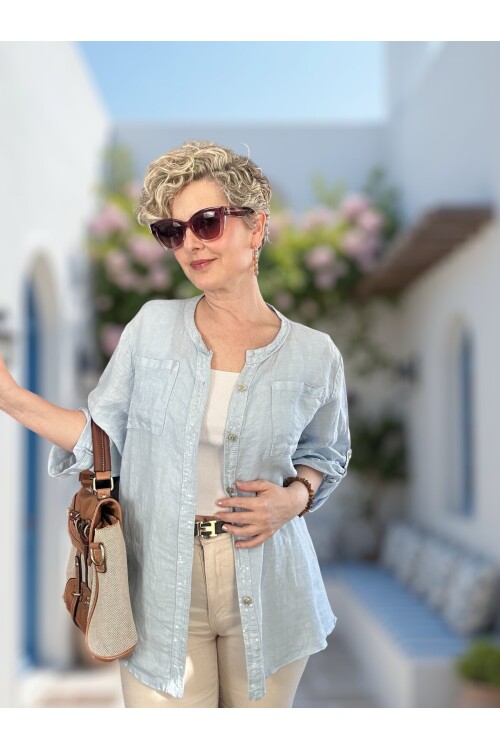 Brezza Payet İşlemeli & Sırtı Güpürlü Premium Linen Gömlek Bebe Mavi
