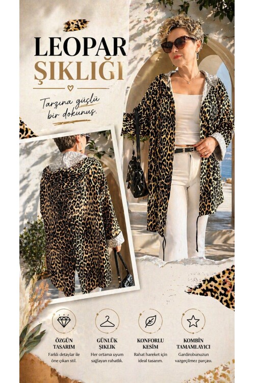 Dazza Tasarım Leopar Desen Sırt Pul Detay Ceket