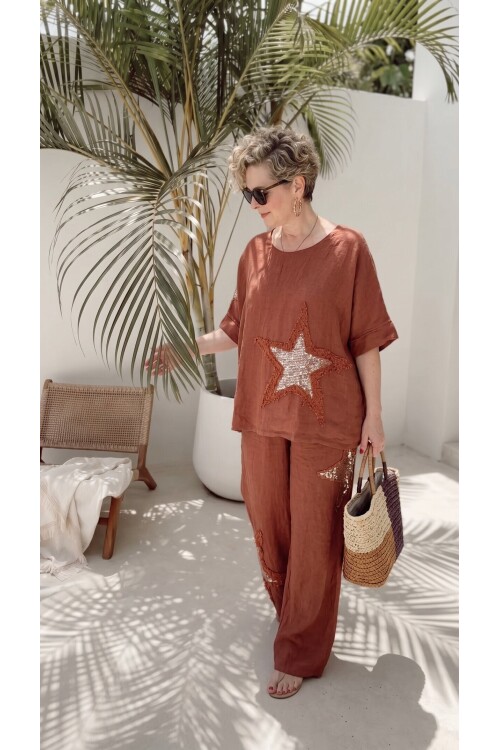 Dolce | Payet Yıldız Detaylı %100 Linen İkili Takım Cinnamon