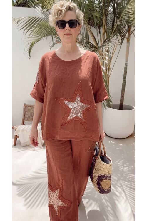 Dolce | Payet Yıldız Detaylı %100 Linen İkili Takım Cinnamon