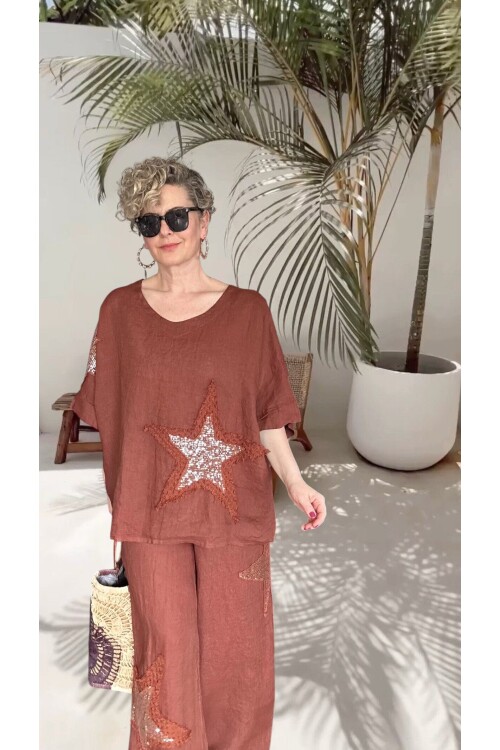 Dolce | Payet Yıldız Detaylı %100 Linen İkili Takım Cinnamon