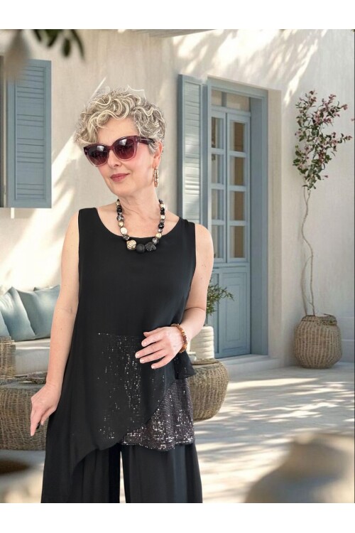 Eclissi İthal Asimetrik Kesim Pullu İpek Bluz Siyah