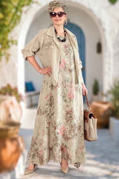 Esse İthal %100 Linen Ceket & Kolsuz Elbise Takımı Beige