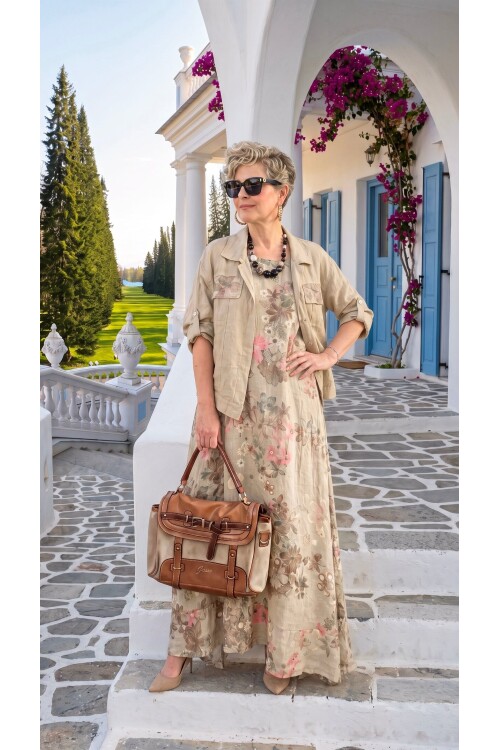 Esse İthal %100 Linen Ceket & Kolsuz Elbise Takımı Beige