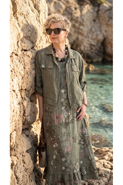 Esse İthal %100 Linen Ceket & Kolsuz Elbise Takımı Haki