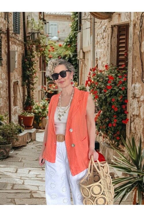 Estee %100 Linen Asimetrik Kesim Blazer Yelek Somon