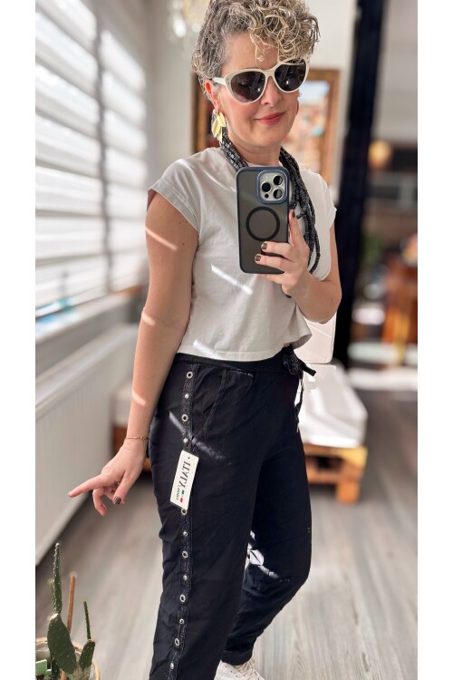 Felisa  İtalyan Sihirli Zımba Detay Pantalon Açık Siyah