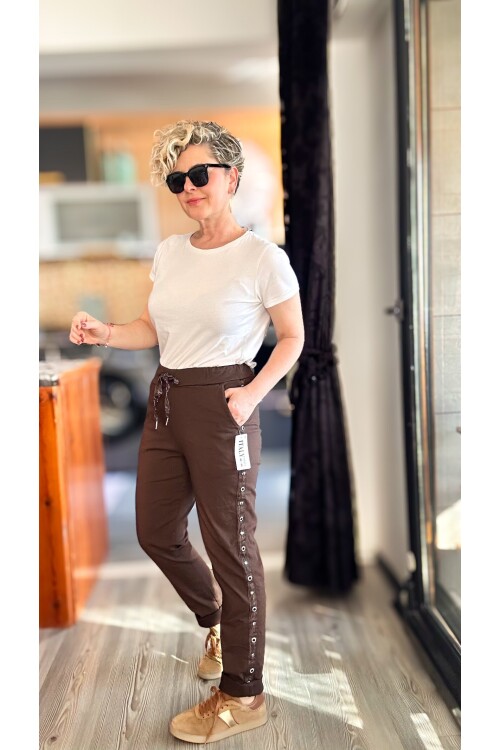 Felisa İtalyan Sihirli Zımba Detay Pantalon Kahverengi