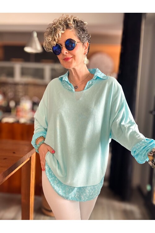 Femme İtalyan Gömlekli Bluz Triko Takım Bebe Mavi