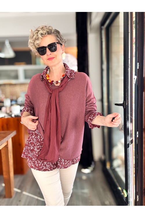Femme İtalyan Gömlekli Bluz Triko Takım Bordo