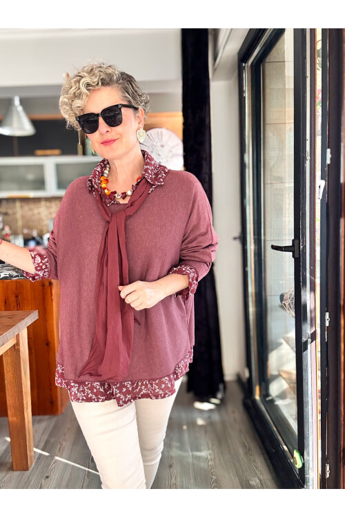 Femme İtalyan Gömlekli Bluz Triko Takım Bordo