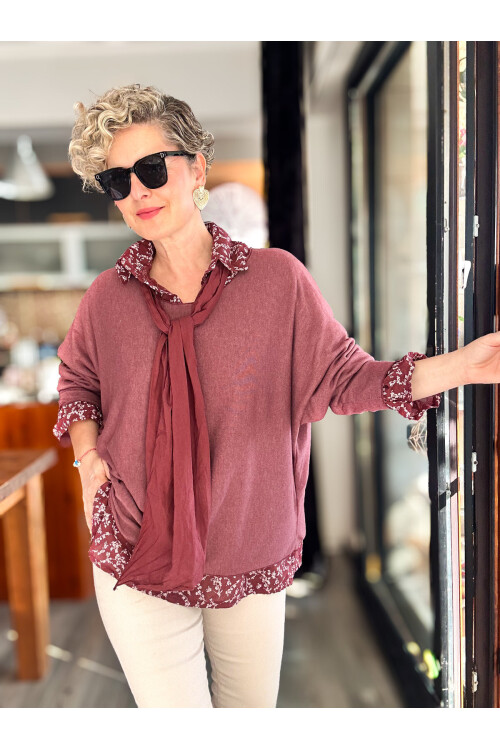 Femme İtalyan Gömlekli Bluz Triko Takım Bordo