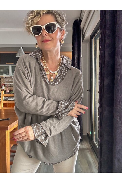 Femme İtalyan Gömlekli Bluz Triko Takım Gri