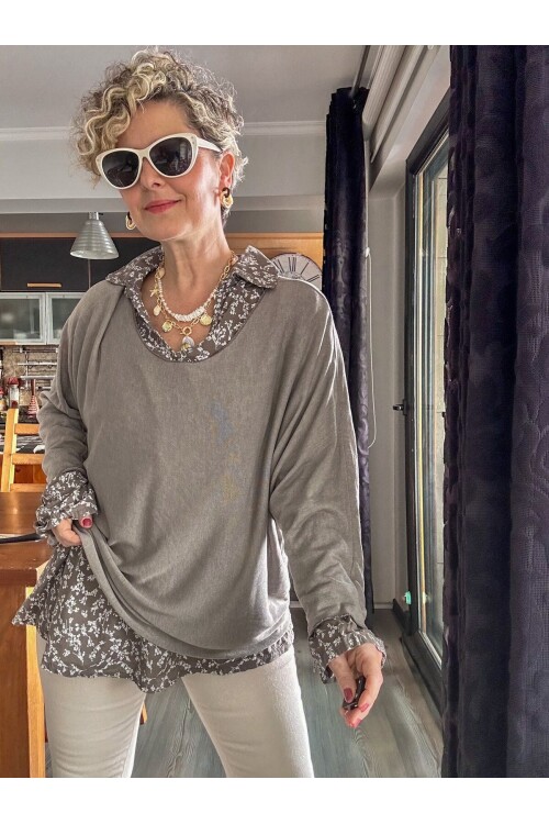 Femme İtalyan Gömlekli Bluz Triko Takım Gri