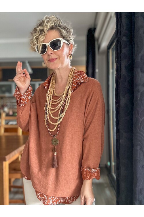 Femme İtalyan Gömlekli Bluz Triko Takım Kiremit