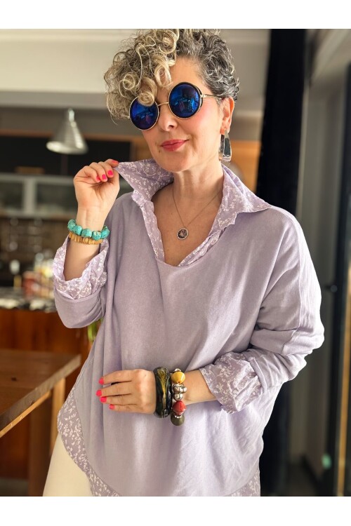 Femme İtalyan Gömlekli Bluz Triko Takım Lila