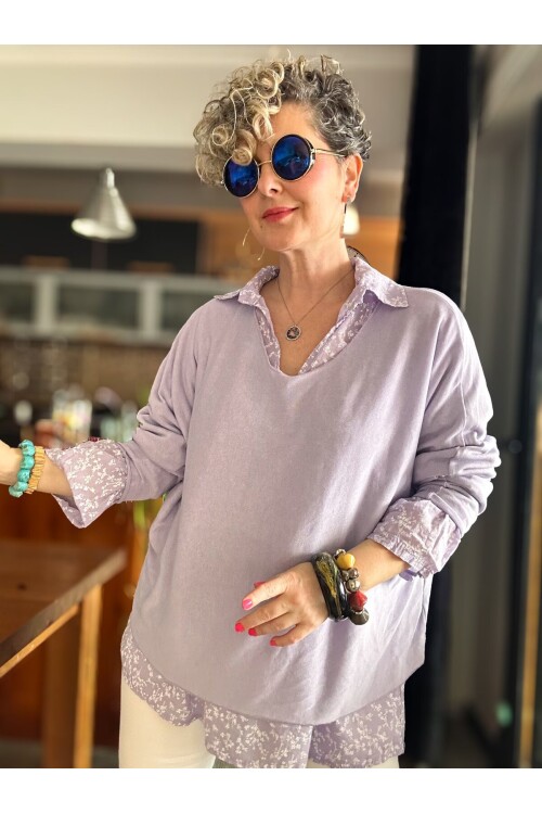 Femme İtalyan Gömlekli Bluz Triko Takım Lila