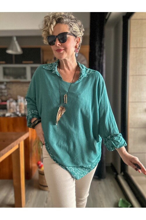Femme İtalyan Gömlekli Bluz Triko Takım Mint