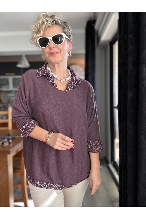 Femme İtalyan Gömlekli Bluz Triko Takım Mürdüm