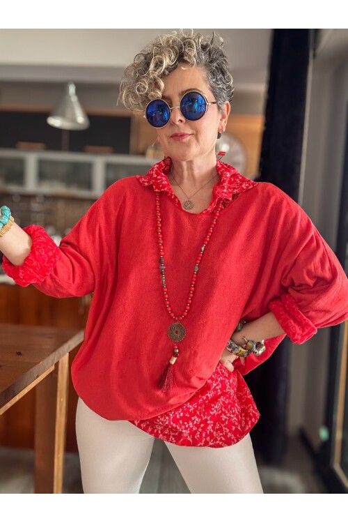 Femme İtalyan Gömlekli Bluz Triko Takım Nar Çiçeği