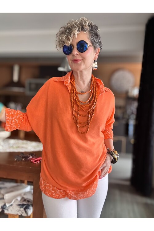 Femme İtalyan Gömlekli Bluz Triko Takım Orange