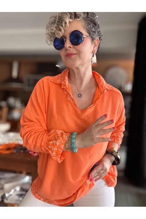 Femme İtalyan Gömlekli Bluz Triko Takım Orange