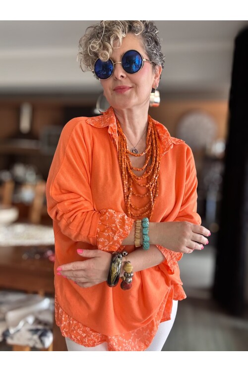 Femme İtalyan Gömlekli Bluz Triko Takım Orange