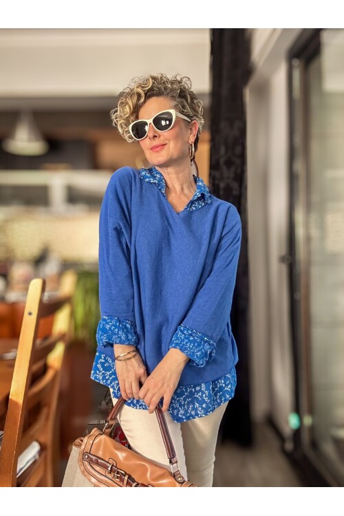 Femme İtalyan Gömlekli Bluz Triko Takım Sax