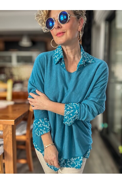 Femme İtalyan Gömlekli Bluz Triko Takım Turkuaz