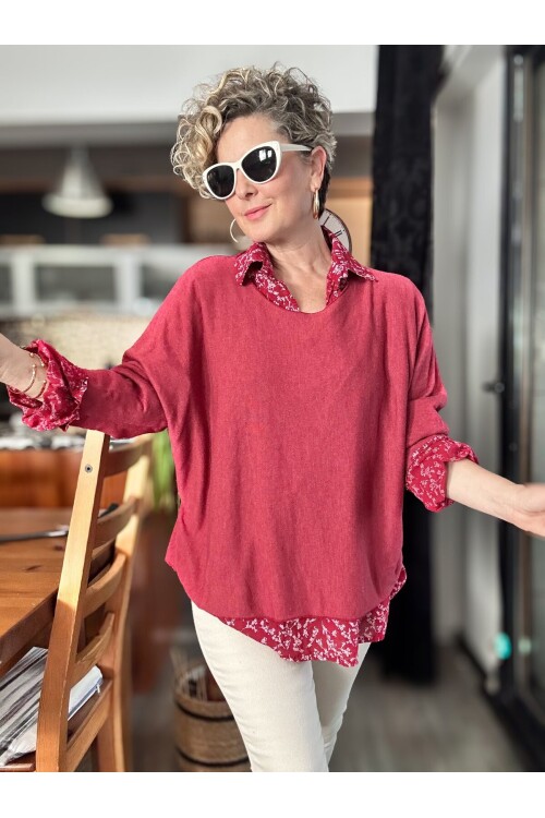 Femme İtalyan Gömlekli Bluz Triko Takım Vişne