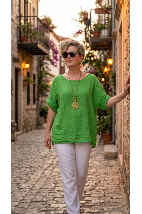Fezza İthal Kolyeli Tasarım Bluz Apple Green