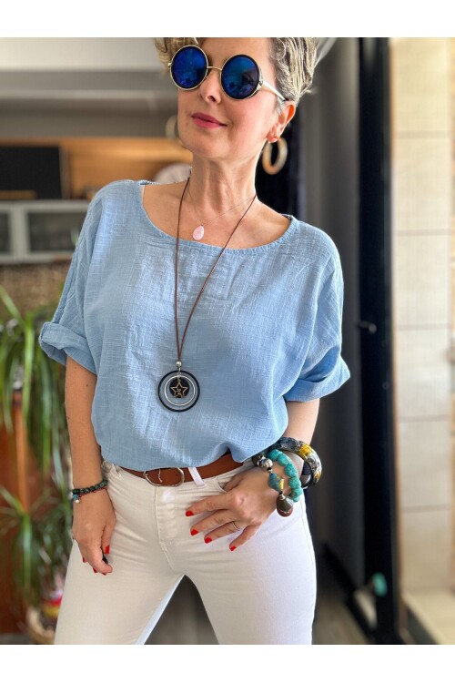 Fezza İthal Kolyeli Tasarım Bluz Bebe Mavisi