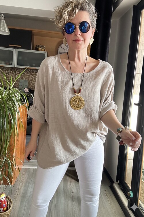 Fezza İthal Kolyeli Tasarım Bluz Beige