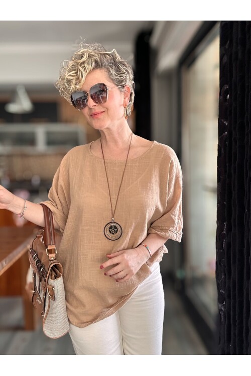 Fezza İthal Kolyeli Tasarım Bluz Cappuccino