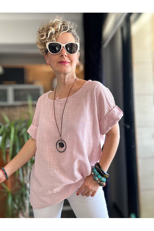 Fezza İthal Kolyeli Tasarım Bluz Toz Pembe