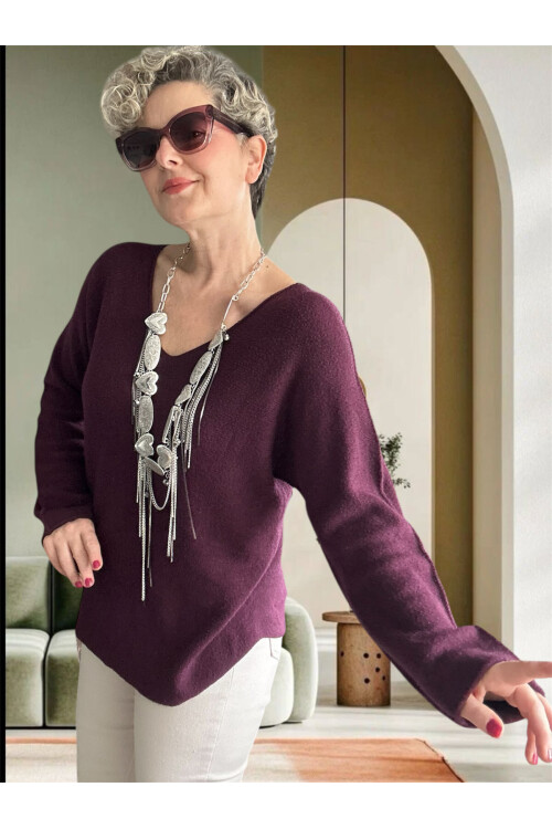 Fikka İtalyan V Yaka Angora Oval Triko Bordo