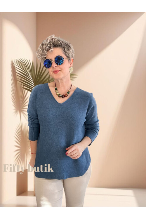 Fikka İtalyan V Yaka Oval Triko İndigo Mavi