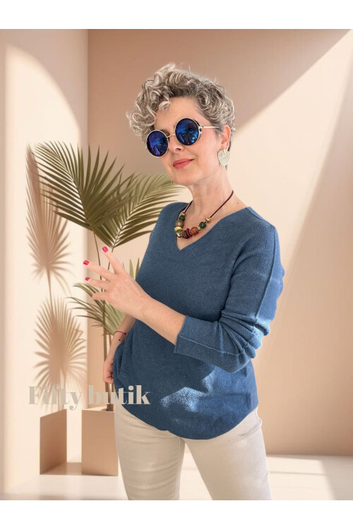 Fikka İtalyan V Yaka Oval Triko İndigo Mavi