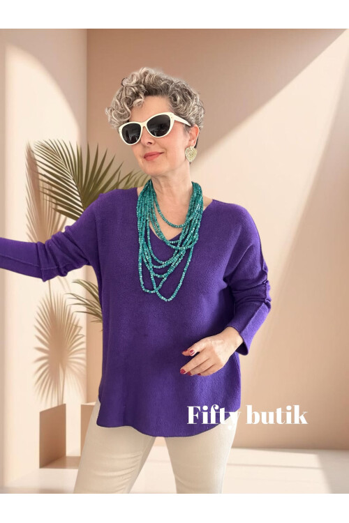 Fikka İtalyan V Yaka Oval Triko Mor