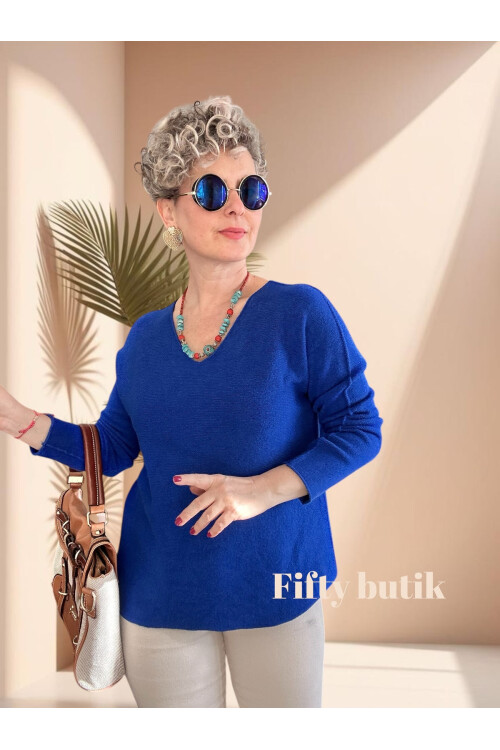 Fikka İtalyan V Yaka Oval Triko Sax Mavi