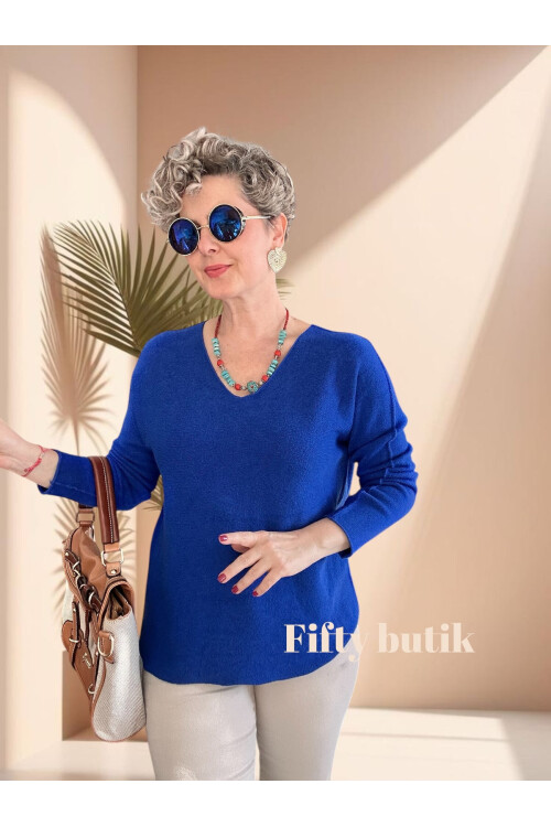 Fikka İtalyan V Yaka Oval Triko Sax Mavi