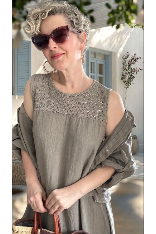 Fisso %100 Linen Kolsuz Elbise & Cep Pul Detaylı Ceket Takım Fango