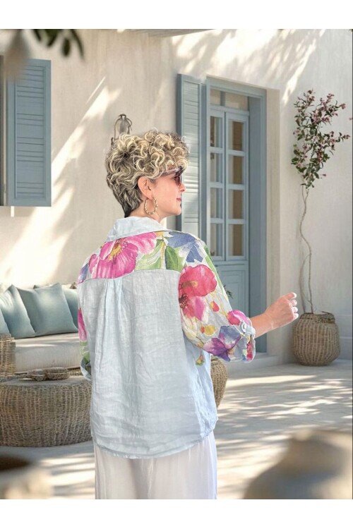 Flora İtalyan Floral Desenli Bağlamalı Linen Gömlek Bebe Mavi