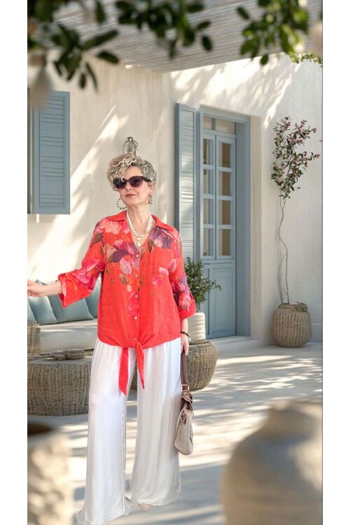 Flora İtalyan Floral Desenli Bağlamalı Linen Gömlek Mercan