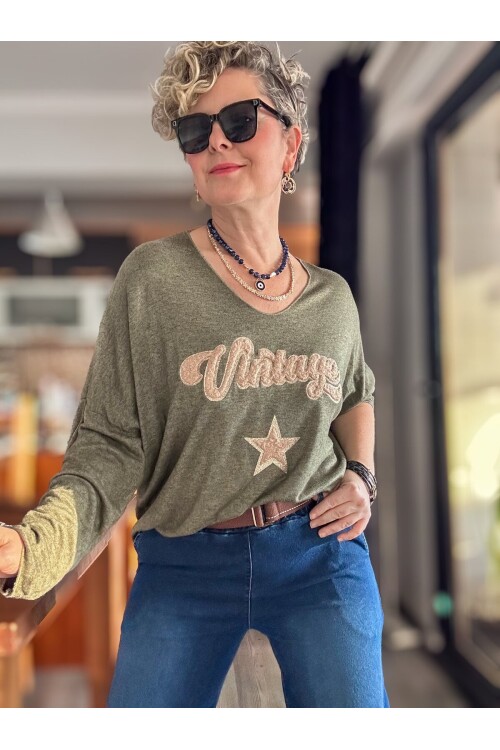 Gabbi İtalyan Vintage Desen Triko Haki