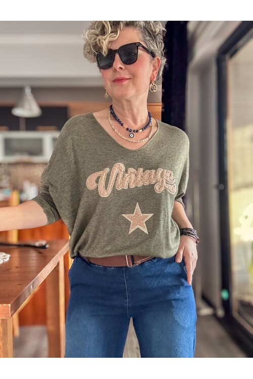 Gabbi İtalyan Vintage Desen Triko Haki